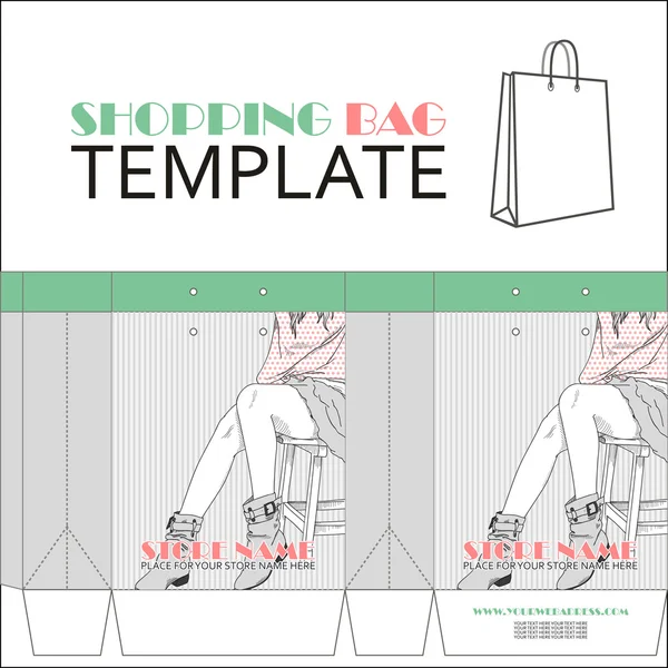 Template for paper shopping bag with girl character. Place for your info. — Stock Vector