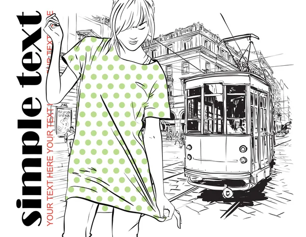 Vector illustration of a fashion girl and old tram. — Stock Vector