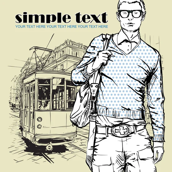 Vector illustration of a stylish guy and old tram. — Stock Vector