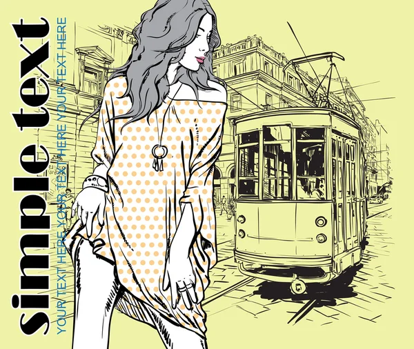 Vektor-Illustration eines Modemädchens und einer alten Straßenbahn. — Stockvektor