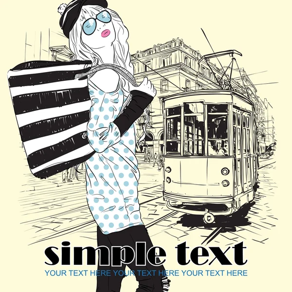 Vector illustration of a fashion girl and old tram. — Stock Vector