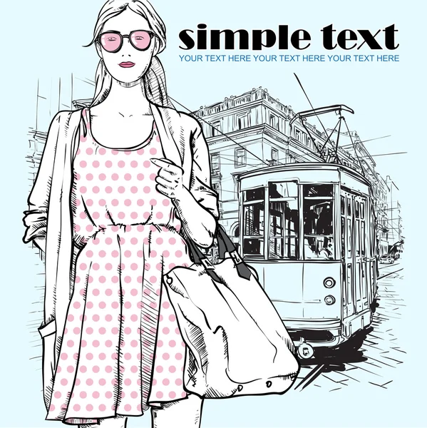 Εικονογράφηση φορέας ένα κορίτσι της μόδας και το παλιό τραμ. — Διανυσματικό Αρχείο
