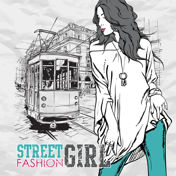 Vector illustration of a fashion girl and old tram. — Stock Vector