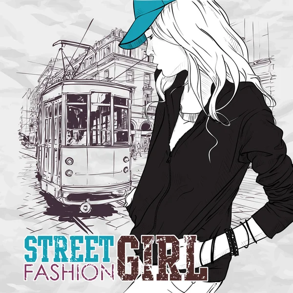 Vector illustration of a fashion girl and old tram. — Stock Vector