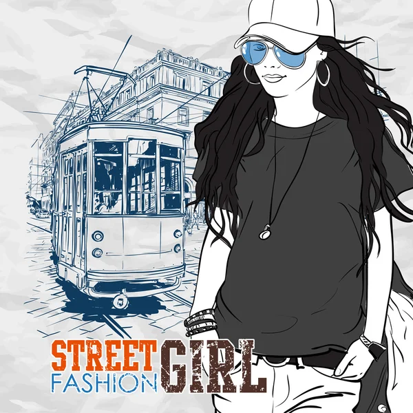 Illustrazione vettoriale di una ragazza di moda e vecchio tram . — Vettoriale Stock