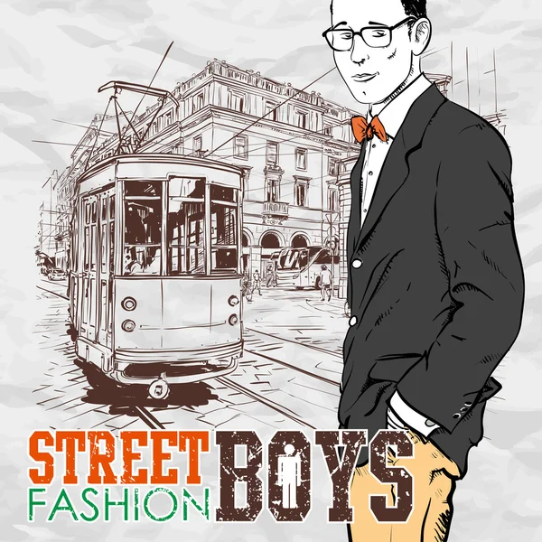 Векторна ілюстрація стильного хлопця і старого трамвая . — стоковий вектор