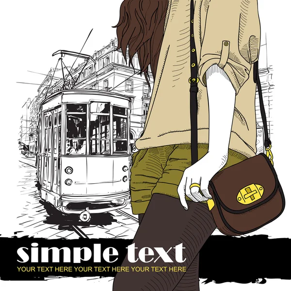 Vector illustration of a fashion girl and old tram. — Stock Vector