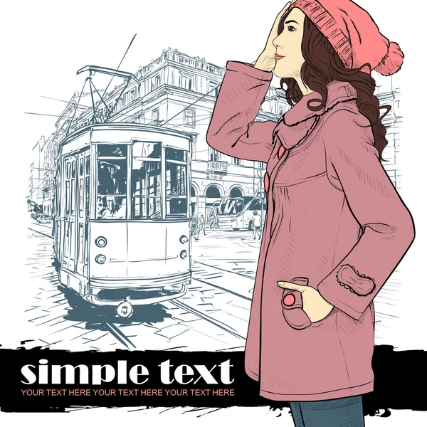 Vector illustration of a fashion girl and old tram. — Stock Vector