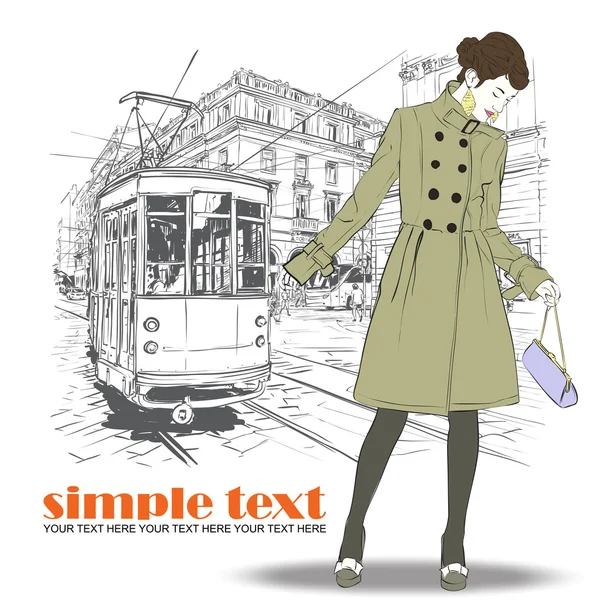 Ilustración vectorial de una chica de moda y tranvía viejo . — Archivo Imágenes Vectoriales