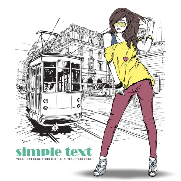 Vector illustration of a fashion girl and old tram. — Stock Vector