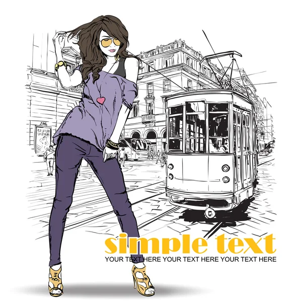 Vector illustration of a fashion girl and old tram. — Stock Vector