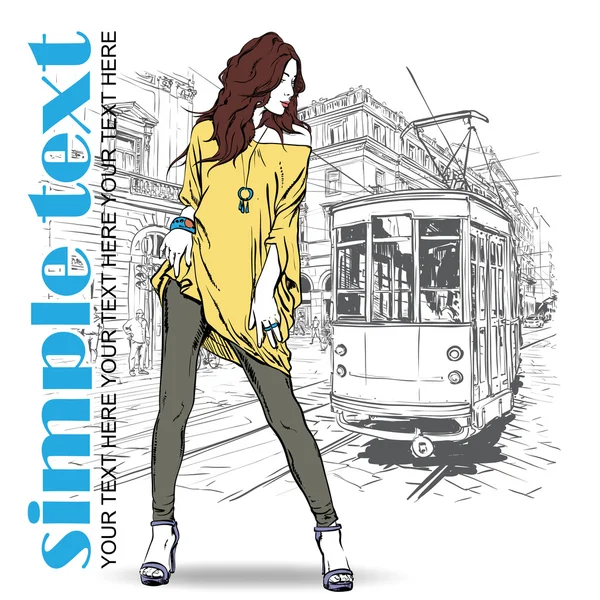 Vector illustration of a fashion girl and old tram. — Stock Vector