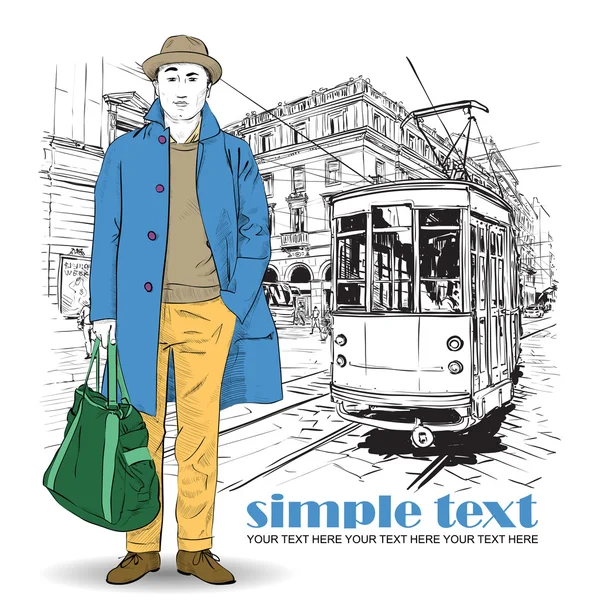 Illustrazione vettoriale di un ragazzo elegante e vecchio tram . — Vettoriale Stock