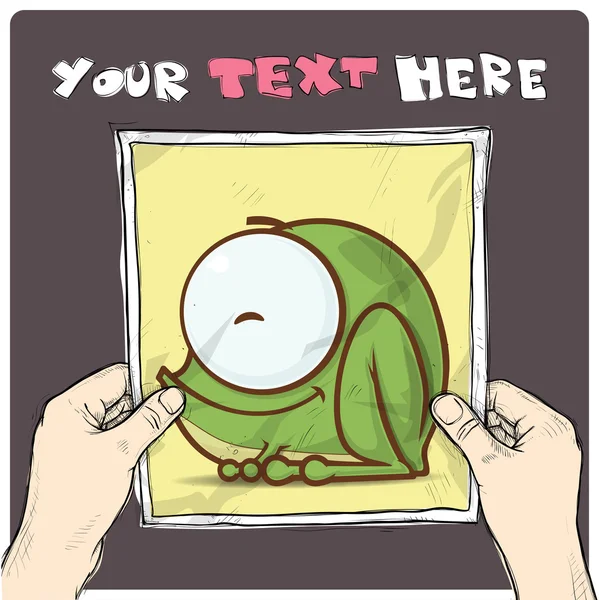 Dessin d'une feuille de papier avec illustration de grenouille dessin animé dans les mains. Vecteur . — Image vectorielle