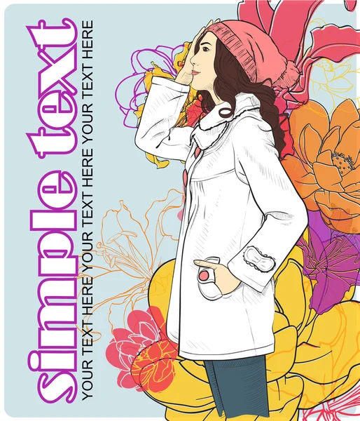 Cartão vetorial floral com menina da moda . —  Vetores de Stock