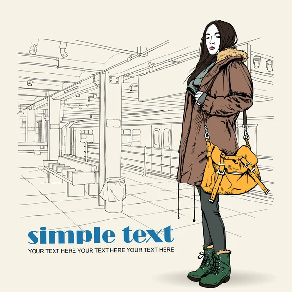 Docela podzimní móda dívka na stanici metra. vektorové ilustrace — Stockový vektor