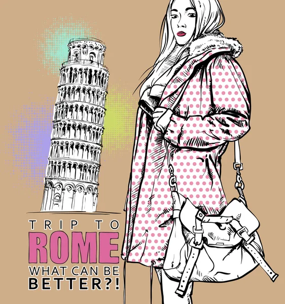 Schönes herbstliches Mädchen im Sketch-Stil auf italienischem Hintergrund. Vektorillustration — Stockvektor