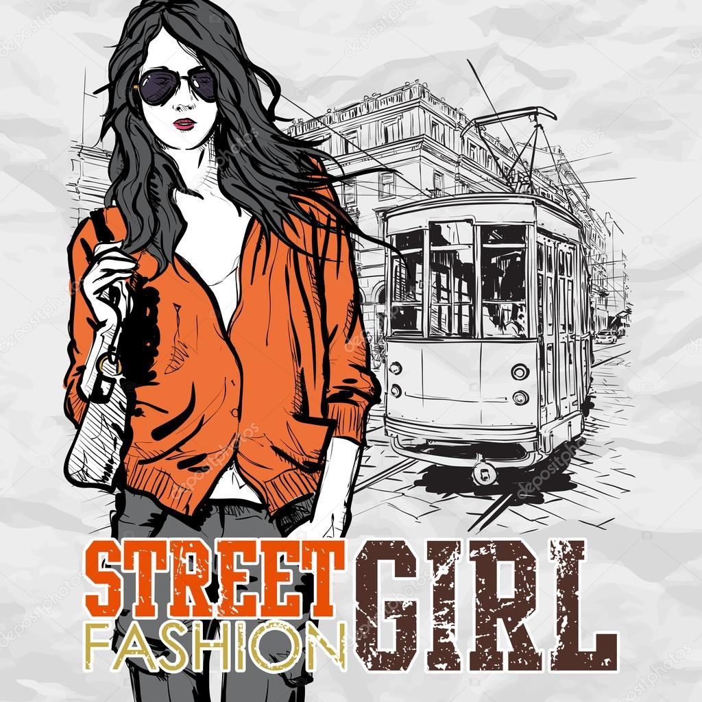 Vector illustration of a fashion girl and old tram.