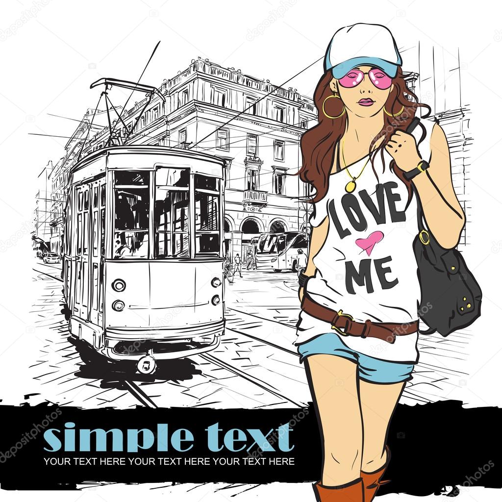 Vector illustration of a fashion girl and old tram.