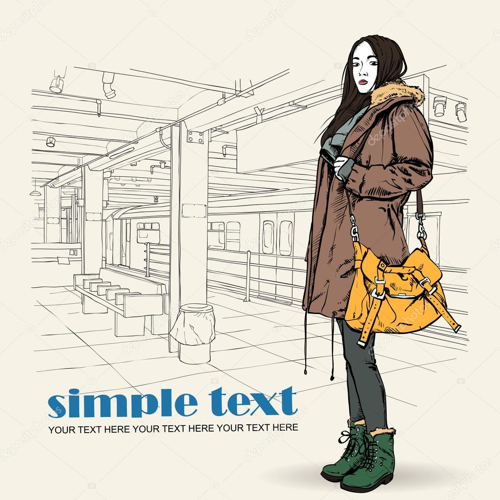 Pretty autumnal fashion girl on a subway station. Vector illustration