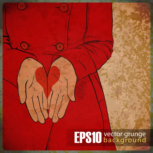 EPS10 fondo vintage con la chica en un abrigo rojo con el corazón dibujado en las palmas . — Vector de stock