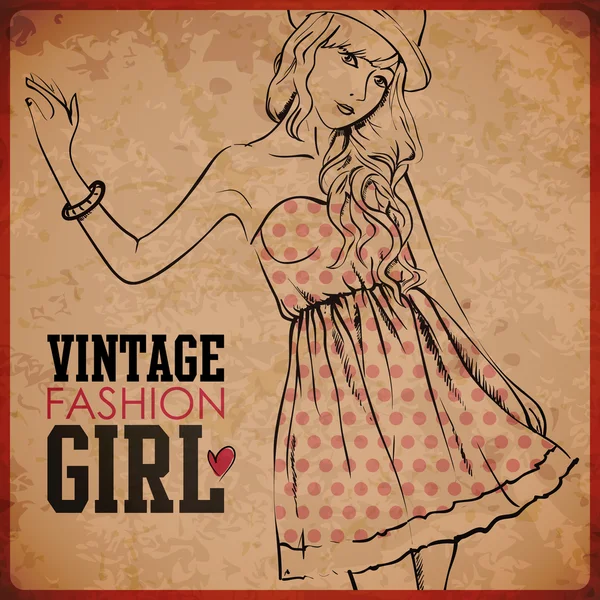 EPS10 vintage background with pretty young girl — Stock Vector