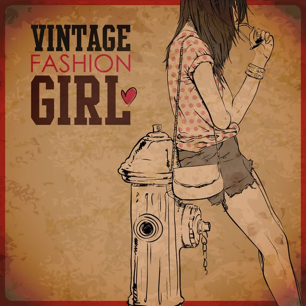 EPS10 sfondo vintage con bella ragazza — Vettoriale Stock