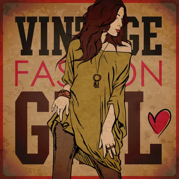 Belle fille de la mode sur un fond grunge. Illustration vectorielle — Image vectorielle