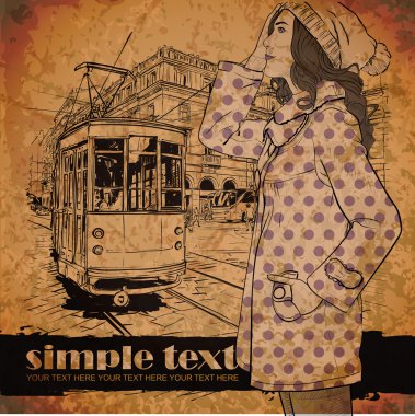 moda güzel kız ve eski tramvay eps10 vektör çizimi. Vintage tarzı.