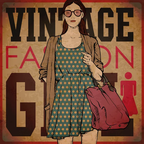 Ilustración vintage EPS10 con hermosa chica de moda — Vector de stock