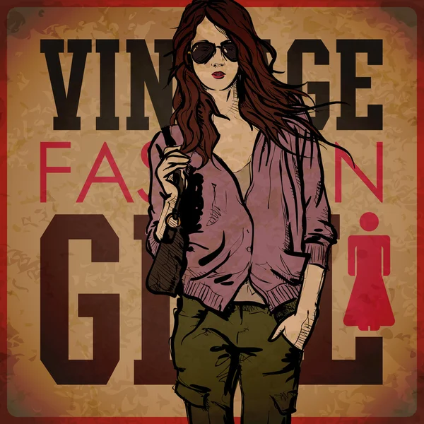 Ilustración vintage EPS10 con hermosa chica de moda — Vector de stock