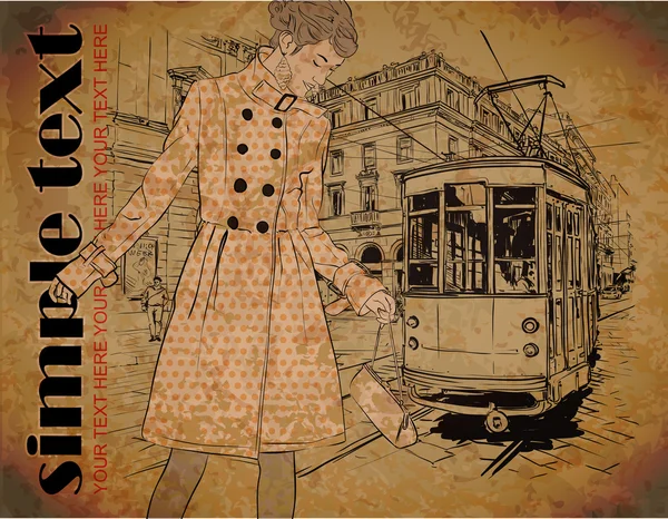 Vector illustration of a fashion girl and old tram. — Stock Vector