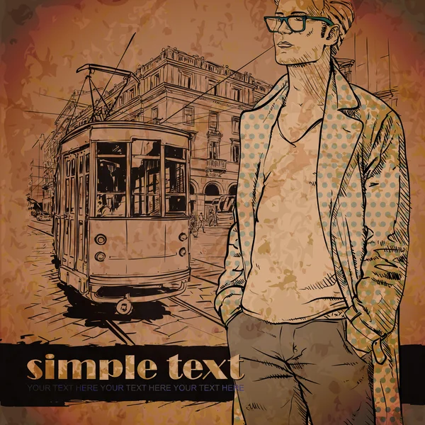 Vector illustration of a stylish guy and old tram. — Stock Vector