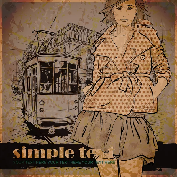 EPS10 vector illustration of a pretty fashion girl and old tram. Vintage style. Place for your text. — Stock Vector