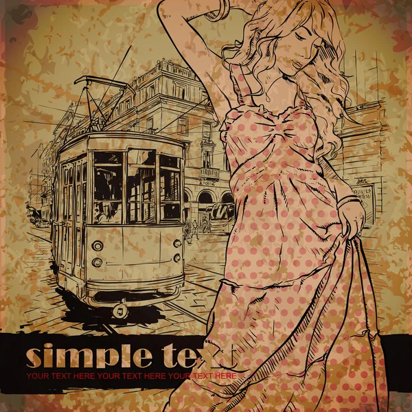 EPS10 vector illustration of a pretty fashion girl and old tram. Vintage style. — Stock Vector