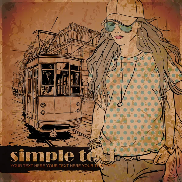 EPS10 vector illustration of a pretty fashion girl and old tram. Vintage style. — Stock Vector