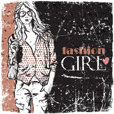 Kız çok güzel moda Vintage vektör çizim.