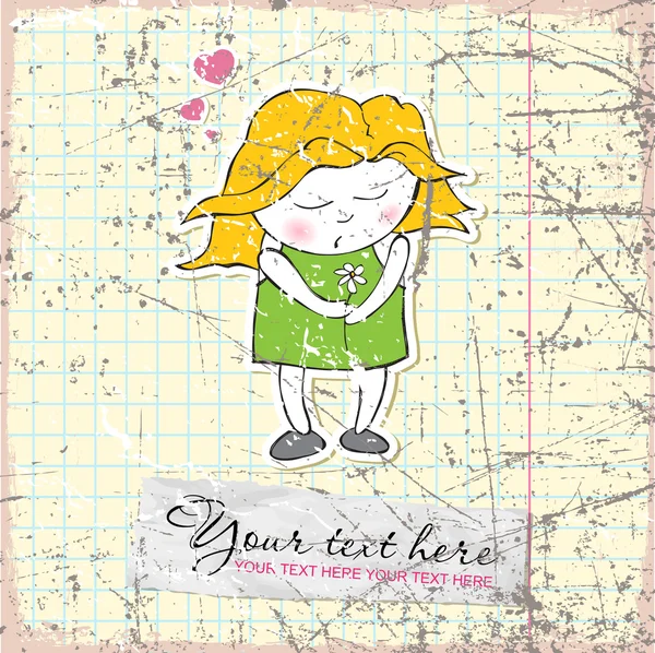 Vintage scratched background with little girl character. — Stock Vector