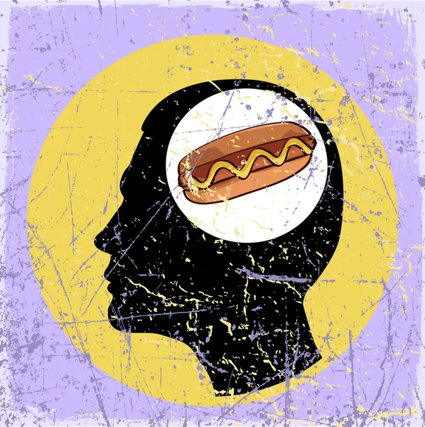 Vintage gekrast achtergrond met menselijk hoofd en hotdog. — Stockvector