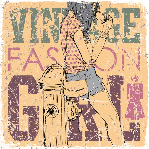 Vintage arranhado fundo com menina de moda bonita . — Vetor de Stock