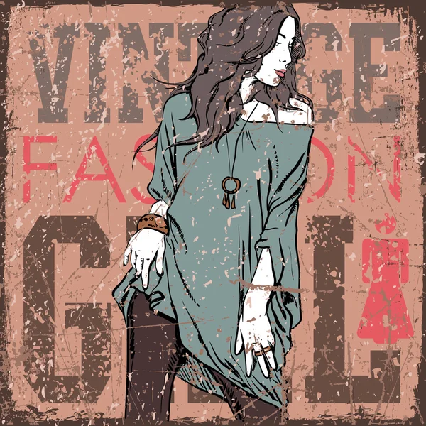 Vintage scratched background with pretty fashion girl. — Stock Vector
