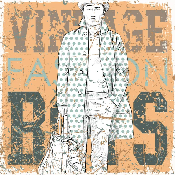 Snygg dude med väska på grunge bakgrund. vektor illustration. — Stock vektor