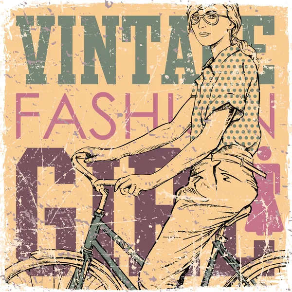 Vintage arranhado fundo com menina de moda bonita . —  Vetores de Stock