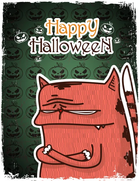 Cartão de saudação de Halloween com gatinho dos desenhos animados. Ilustração vetorial — Vetor de Stock