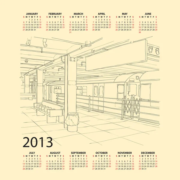 Calendário vetorial 2013 com ilustração da estação de metrô . — Vetor de Stock