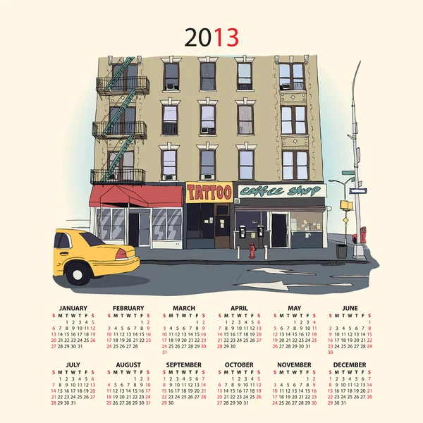 Calendário vetorial 2013 com ilustração da paisagem urbana — Vetor de Stock