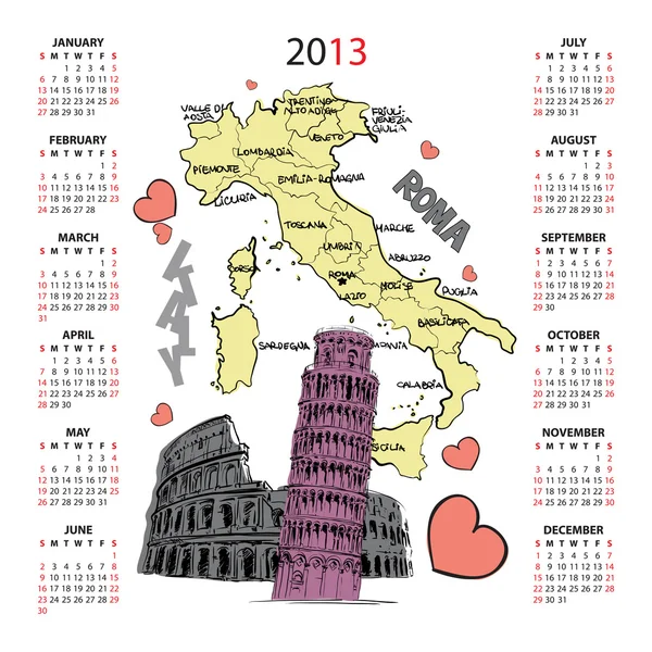 Calendario vectorial 2013 con motivo italia . — Vector de stock