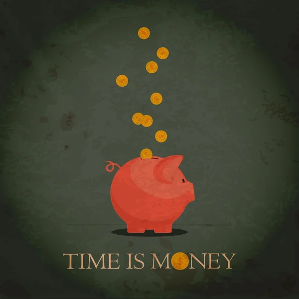 Kaart met piggy bank en munten. Grunge vectorillustratie. — Stockvector