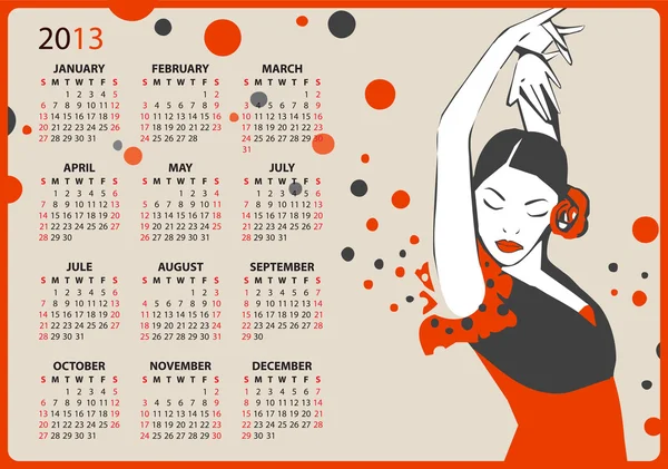 2013. Calendario con illustrazione del ballerino di flamenco — Vettoriale Stock