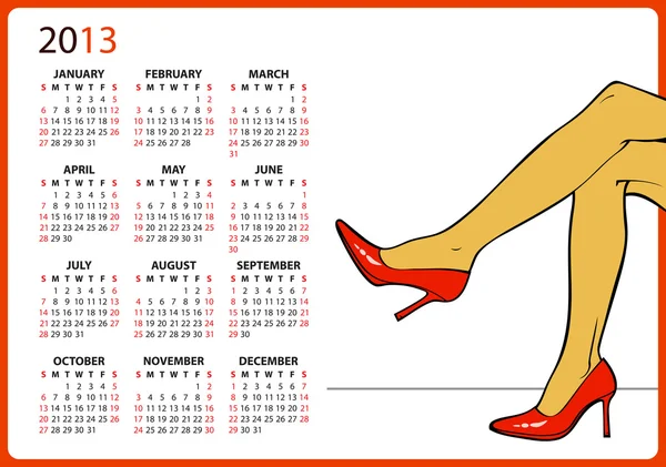 2013. Calendar with illustration of women foots — Stock Vector